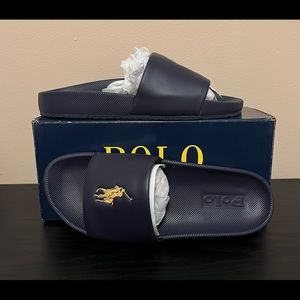 New Polo Ralph Lauren Men’s Slides size 8; only tried on once; not for wide feet